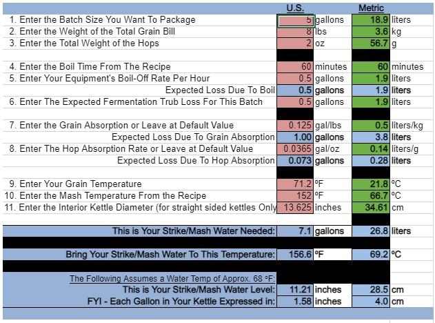 Brew in a Bag BIAB Water Calculator